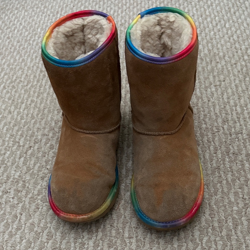UGG Tan Boots with Colorful Rainbow Trim